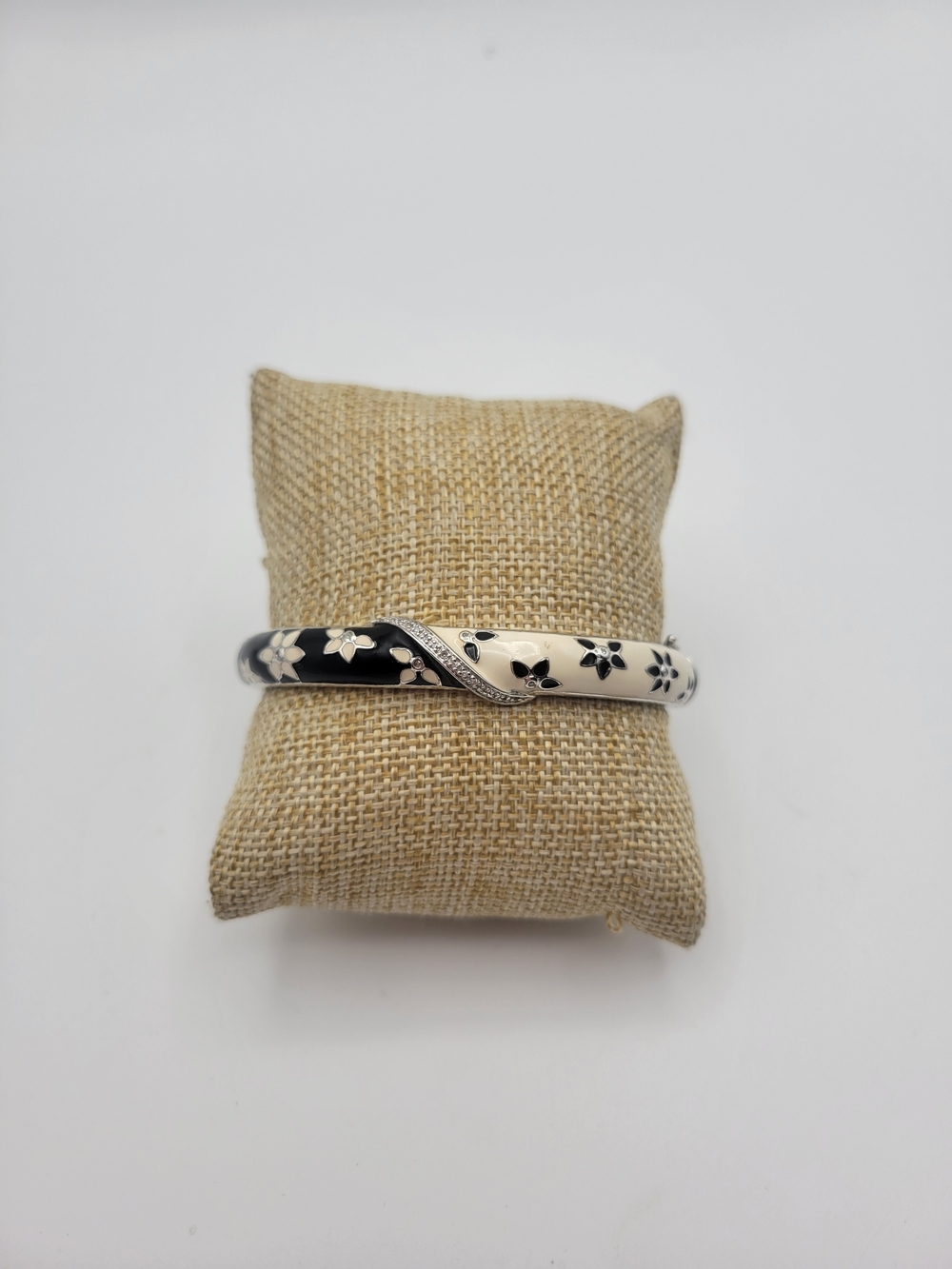 Vintage Sterling Silver JWBR split black white enamel hinged bangle bracelet